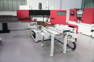 Powerful Accurate and Reliable High Production Saw, Behringer Saws Inc., HBE-320/523GA, dual-column horizontal band saw, ball screw servo driven technology, length and miter angle tolerances, precision sawing operation, high-quality finish and long blade life, powered chip brush, precise blade lubricant application, Behringer Parts Department