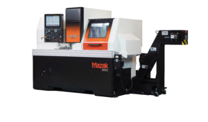 Spend Less Time Setting up Machines and More Time in Production, Mazak Corp., SYNCREX, Swiss-style Series, nine-axis configuration, SYNCREX 25/8, SYNCREX 25/8, SYNCREX 25/9X, SYNCREX 38/9, sliding headstock machines, Mazak High Damping Composite Casting, twin-screen system, MAZATROL SmoothSt, MAZATROL SmoothSt5 controls, Mazak Dynamic Chip Control, MPower