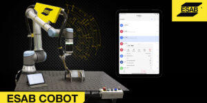 cobot, ESAB, Universal Robots, MIG welding, pulsed MIG, Olivier Biebuyck, UR10e, Aristo® 500ix pulse power source, RobustFeed U82 wire feeder, air- or water-cooled torch, Siegmund 32- x 48-in. welding table