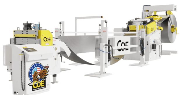 COE Press Equipment, Eaton Corporation, 48” coil processing line, 48” Series 4 Servo Roll Feed, 3.5” x 48” Power Straightener, 15,000# x 48” capacity Coil Reel with Hydraulic Traveling Coil Car, 48” x 12’ Dual Threading Table, COE’s IP Indexer