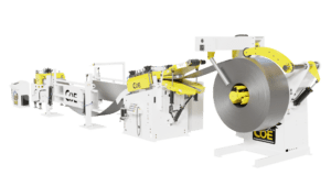 Coil Feed Line with Integrated Shear, COE Press Equipment, 30” coil processing line, shear for cutting blanks, Series 530 Servo Roll Feed, 3.50”-x-30” Power Straightener, COE’s SyncMaster Touch integrated controller