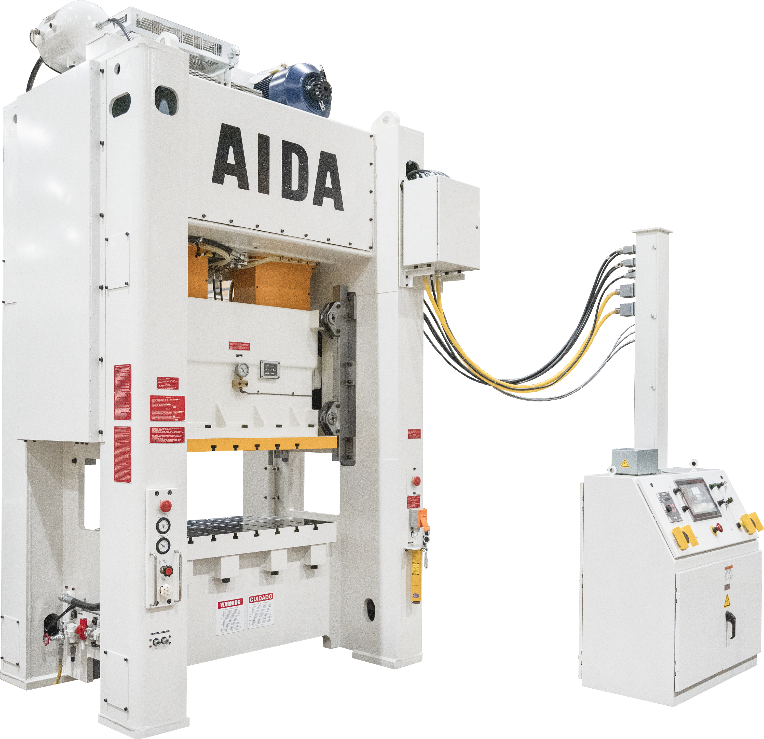 New Mechanical 110-Metric Ton 300 SPM Stamping Press, AIDA-America, metal stamping press manufacturer, NSX mechanical stamping press, 120-to-300 strokes per minute (SPM), Quill mounted flywheel, Variable frequency main motor, 65 mm stroke length, Bed size of 50” L-R, Slide and bolster JIC T-slots on 6” centers, Eight programmable limit switch (PLS) circuits, Link OmniLink 5000, Wintriss SmartPAC controls, peak/reverse tonnage monitor,. 16 channel die protection