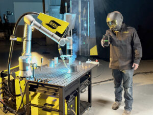 Hands-on Demonstration of Cobot Heavy Industrial Systems and Battery Welder, ESAB®, automated welding and cutting equipment, ESAB Cobot, Smart Puck, Warrior® Edge, 500A multi-process pulsing power source, Renegade™ VOLT™ ES 200i Stick/TIG battery-powered welding system, Renegade™ VOLT™ ES 200i Stick/TIG battery-powered welding system, DEWALT® FLEXVOLT® 12 Ah (amp-hour) batteries, TIG weld for 50 minutes on a single battery charge, 115/230V AC primary power, Victor® oxy-acetylene torch cutting