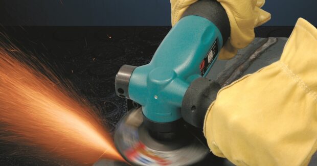 Quality Industrial Abrasive Power Tools from Dynabrade, Dynabrade, 1.3 HP Air tools, Right-Angle Disc Sander, Right-Angle Depressed Center Wheel Grinder, 4”, 4-1/2” and 5” diameters, 12,000 or 13,500 RPM, Type 27 Grinding Wheels, 1.3 Hp Disc Sander, 3/8”-24 and 5/8”-11 spindle models, Made in the U.S.A., Two-Position Side Handle