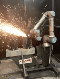 Kane Robotics, GRIT, FABTECH, cobot, weld grinding, UR10e robotic arm, ATI’s CGV-900 Compliant Angle Grinder, and 3M’s Cubitron II abrasive media