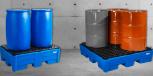 DENIOS, drum spill containment pallets, sumps, forklift friendly, storage