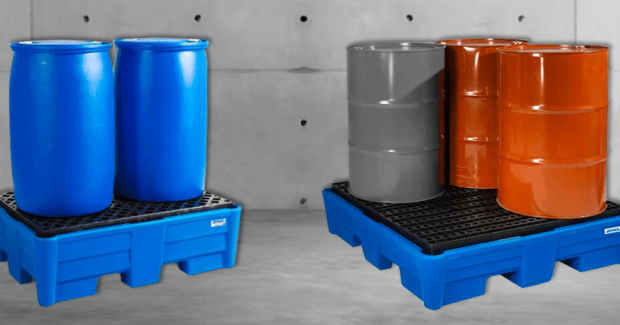 DENIOS, drum spill containment pallets, sumps, forklift friendly, storage