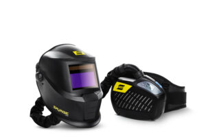 Powerful Weld Fume Control Systems Provide Healthier Outcomes, Heavy-duty Protection from Welding Fumes and Particulates, ESAB Welding & Cutting Products, Savage A40 PAPR helmet, Powered Air Purifying Respirator (PAPR), 9-13 shade knob, Grind Button, shade 4 Grind Mode, protecting operators from hexavalent chromium fumes